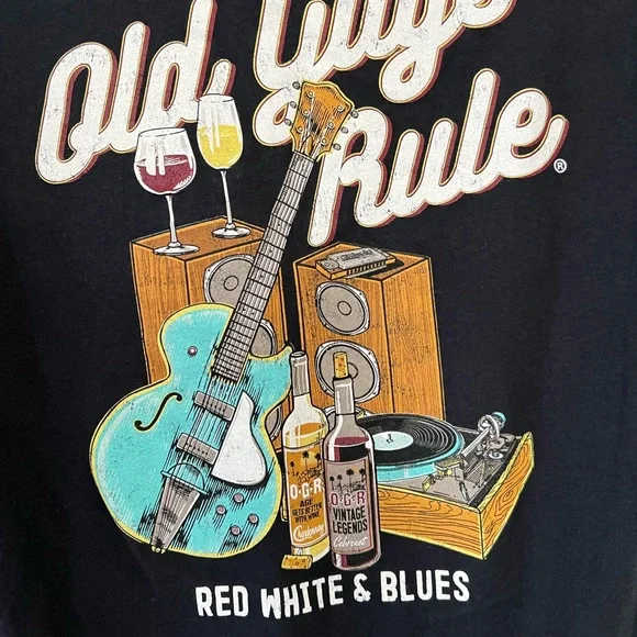 NWOT Old Guys Rule ‘Red, White & Blues’ Guitar & Records Cotton Black Tee Shirt - Picture 3 of 5